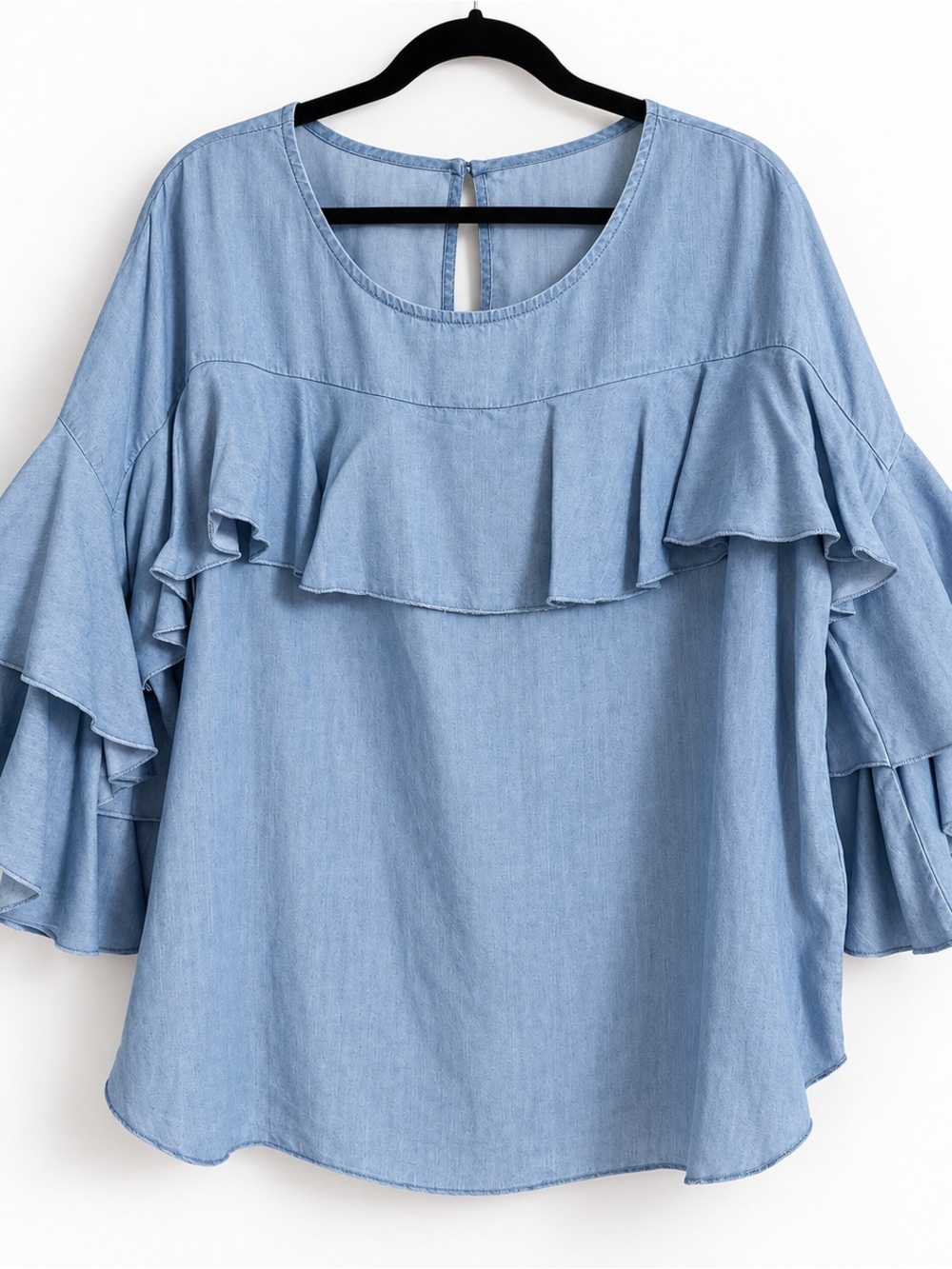 LC Lauren Conrad Light Blue Ruffle Chambray Top